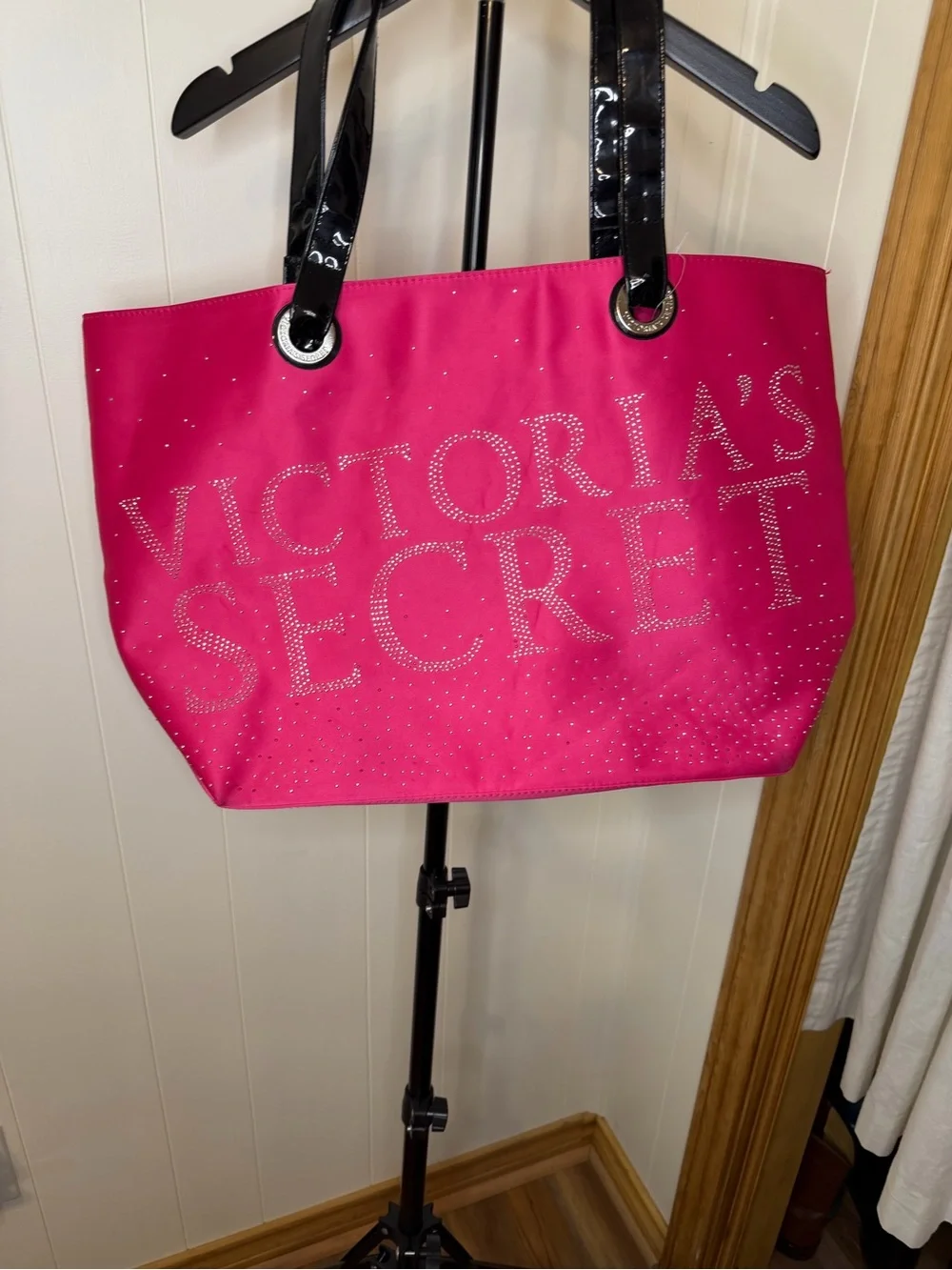 Victoria's Secret Hot Pink Tote with Black Patent Handles and Crystal Logo